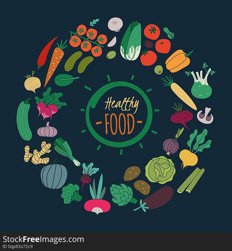 Flat vegetables. Color carrot onion cucumber tomato potato eggplant for salad. Vegan organic food isolated on dark background, vector healthy food collection