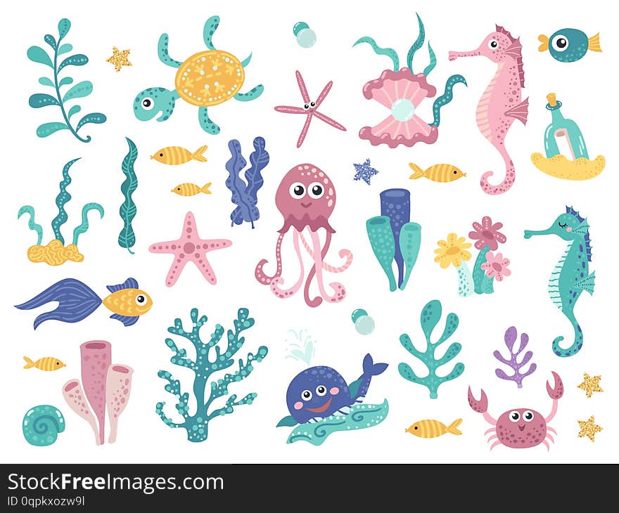 Set of marine plants and aquatic inhabitants. Vector illustration for your design