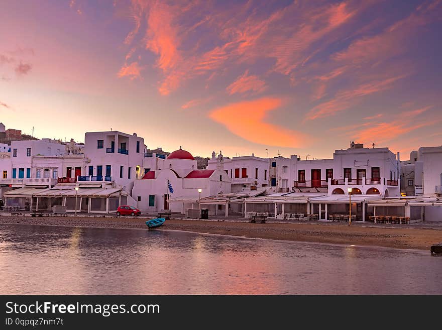 Old Port of Mykonos City, Chora, on the island Mykonos at sunrise, Greece. Old Port of Mykonos City, Chora, on the island Mykonos at sunrise, Greece