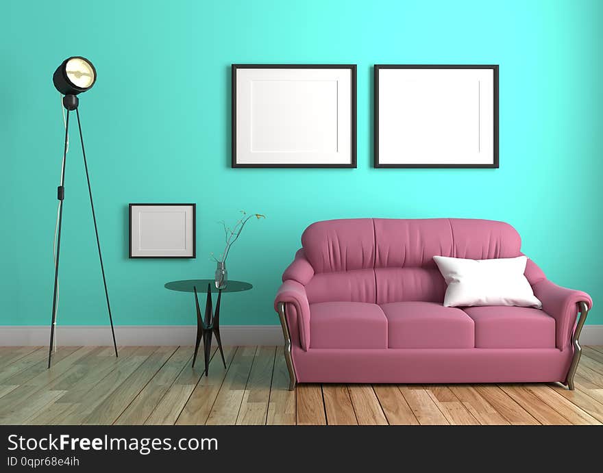 Green mint wall with sofa & sideboard on wood floor interior. 3D rendering