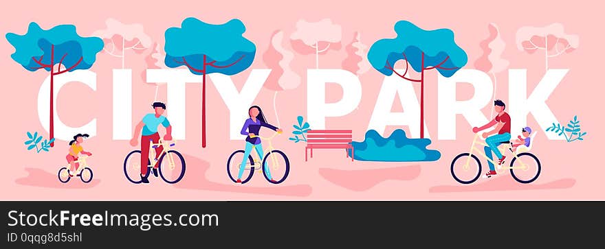 City park horizontal banner template. People enjoying in public garden. Summer Outdoors activities. Flat Art Vector illustration