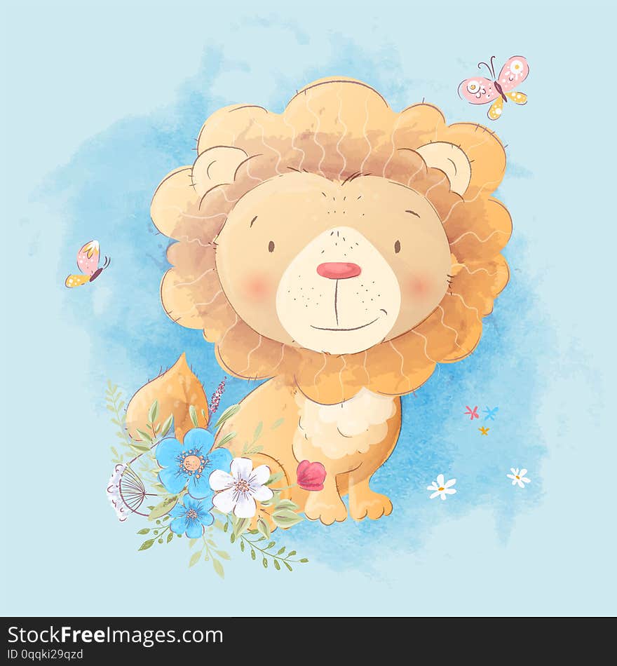 Cute cartoon illustration of a lion with a bouquet of flowers in the style of digital watercolor. Vector illustration.