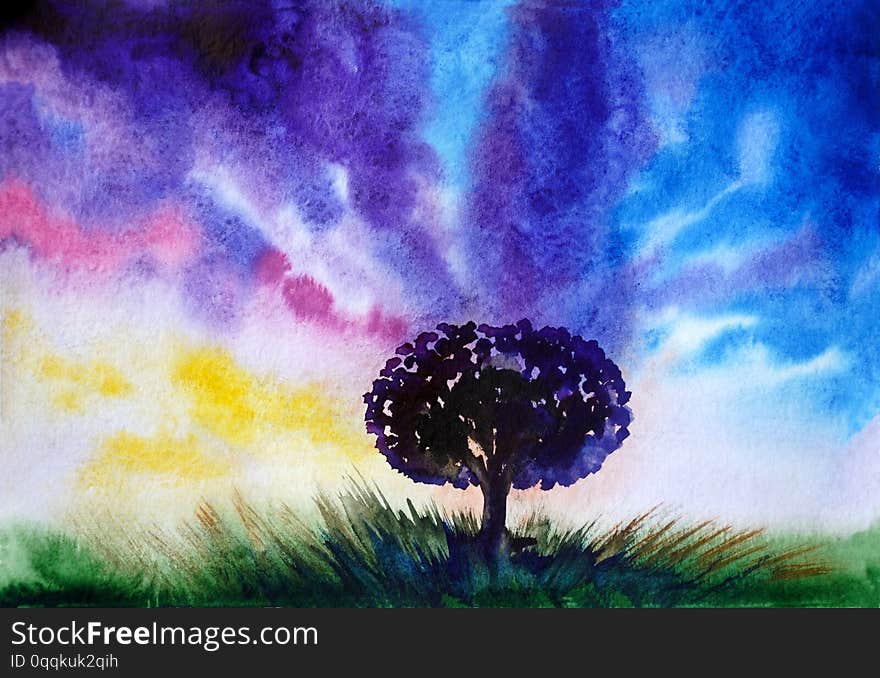 Drawing of bright universe sky clouds, black tree. Picture contains interesting idea, evokes emotions, aesthetic pleasure. Canvas stretched on a stretcher, natural paints. Concept art painting texture. Drawing of bright universe sky clouds, black tree. Picture contains interesting idea, evokes emotions, aesthetic pleasure. Canvas stretched on a stretcher, natural paints. Concept art painting texture