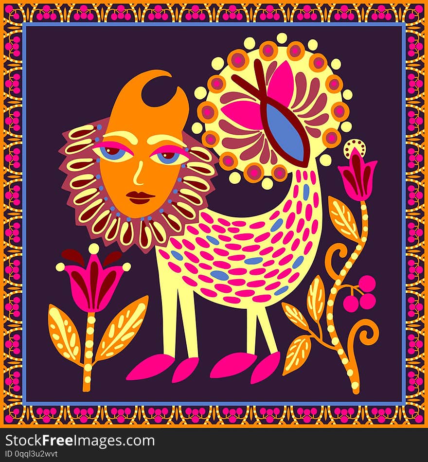 Original ukrainian carpet design with fantasy animal and flowers, bright ethnic tribal pattern for bandanna, vector illustration