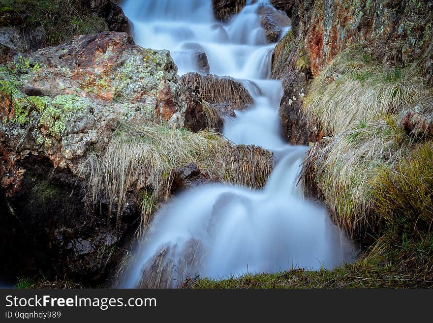 Mountain Stream Waterfall Landscape At Sunset, Pyrenees