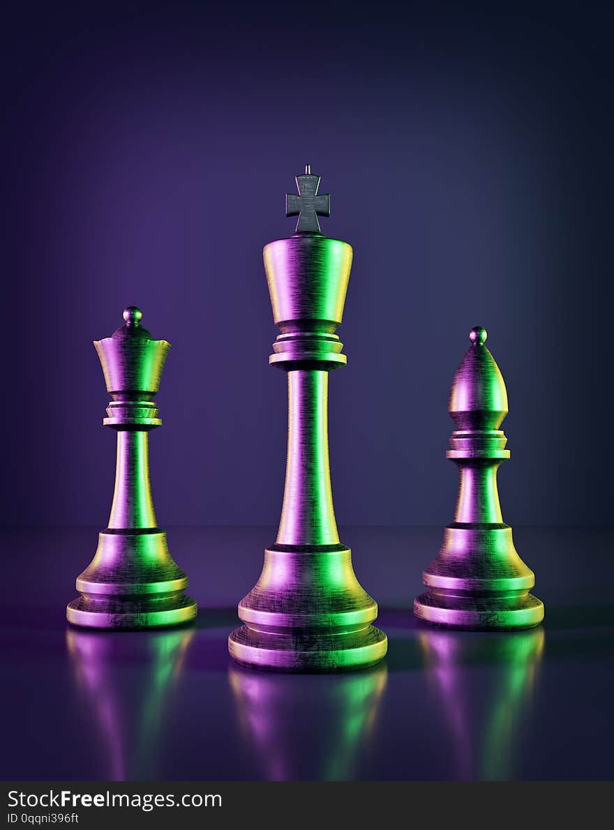 Chess pieces standing in a colorful lighting environment. 3d rendering. Chess pieces standing in a colorful lighting environment. 3d rendering