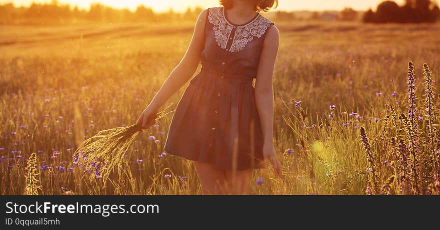 Beautiful teenager girl in summer field with cornflower