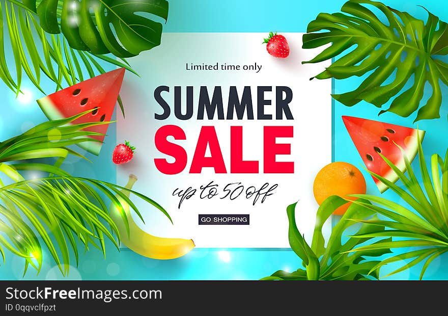 Summer Sale banner.Beautiful Background with tropical leaves, watermelon,orange,banana and strawberry. Vector