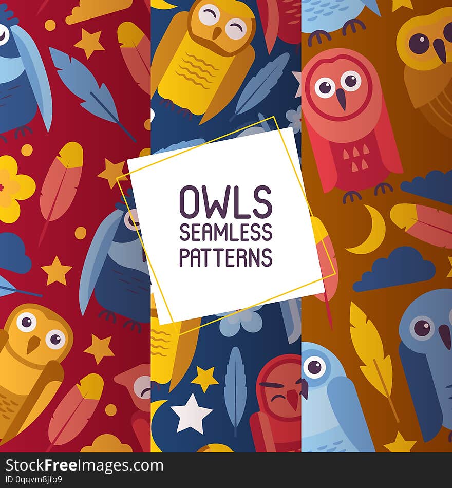 Group of colorful bright birds. Cartoon owls night birds with big open and closed eyes set of seamless patterns vector