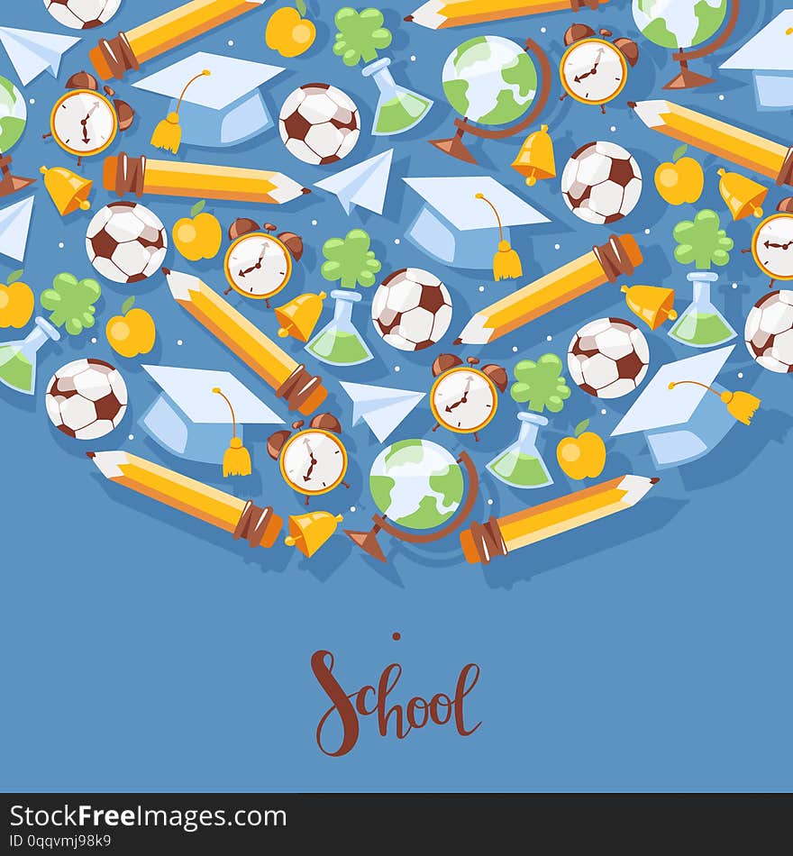 School stationary banner, poster vector illustration. Kids education equipment. School supplies, colorful office accessories such as football, globe, bell, pencil, apple, flask, clock.