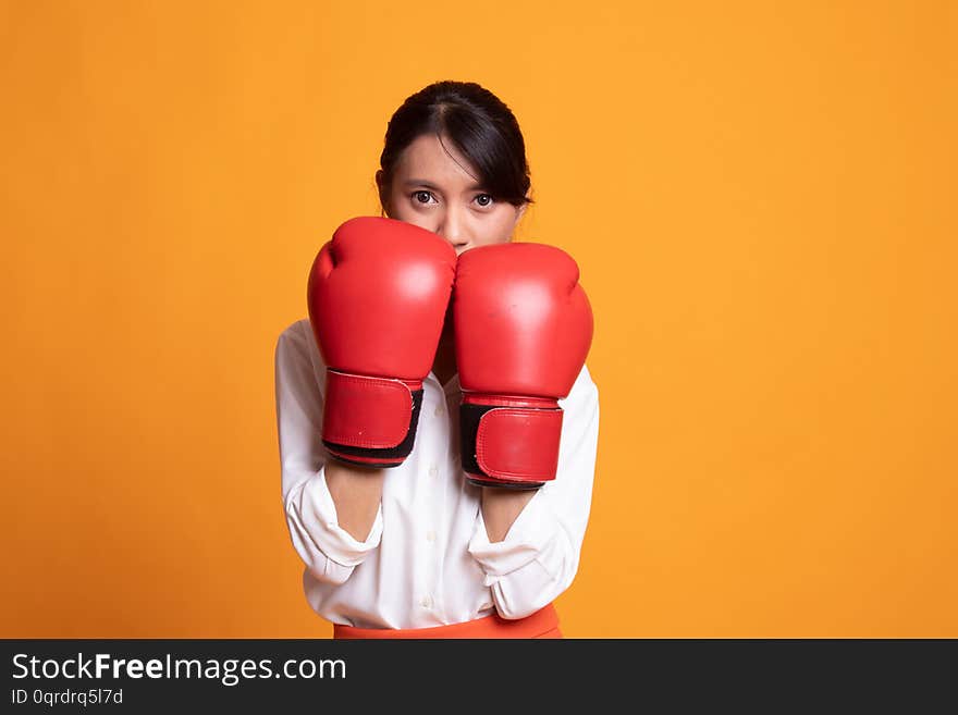 Young Asian Woman With Red Boxing Gloves