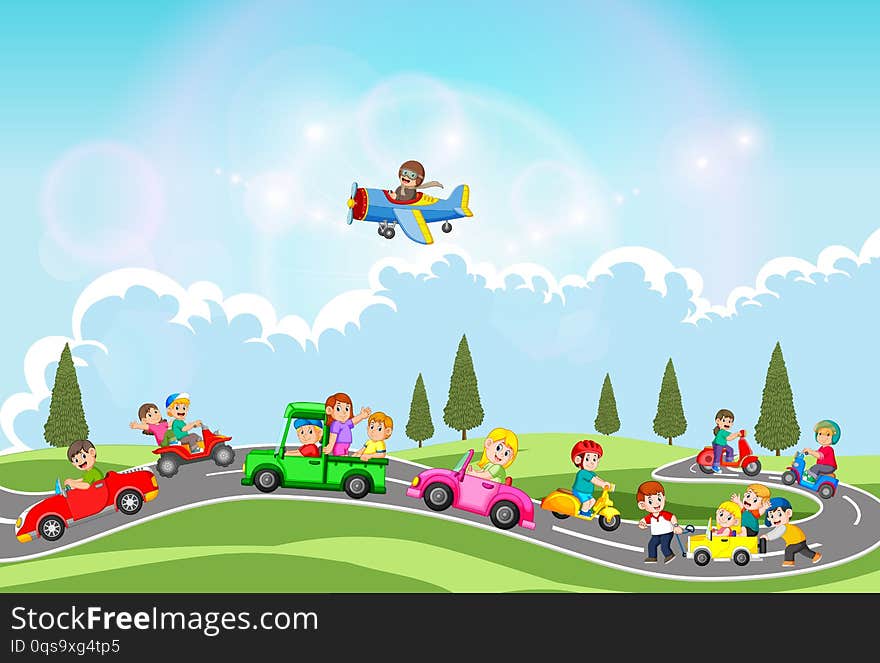 Illustration of the children are playing with the car and another transportation in the beautiful day