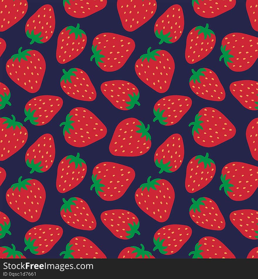 Strawberry seamless pattern. Hand drawn fresh berry. Doodle wallpaper. Vector sketch background. Red and blue color print. Fashion design.