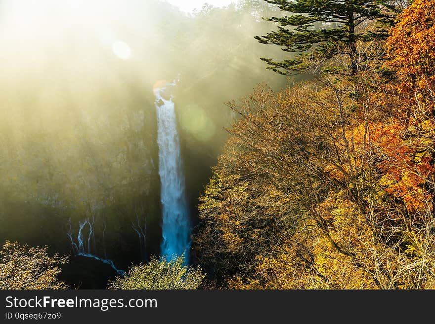 Beautiful autumn landscape of waterfall and sun beams, Kegon, Nikko, Japan, nature background