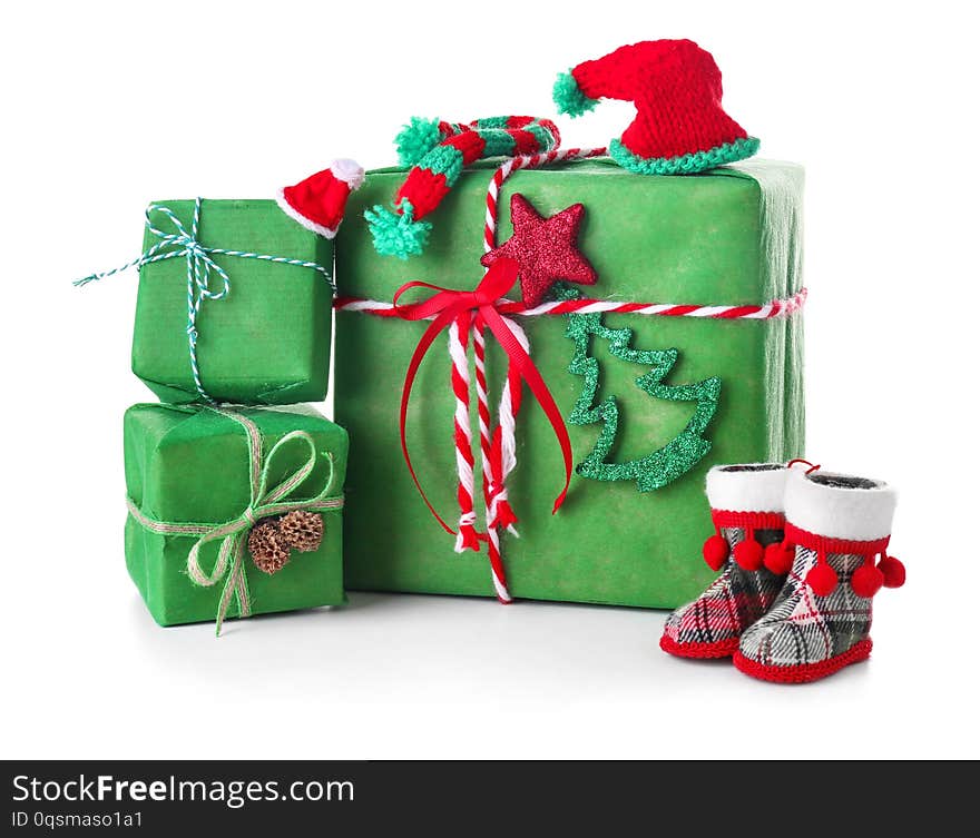 Christmas gift boxes and decorations on white background