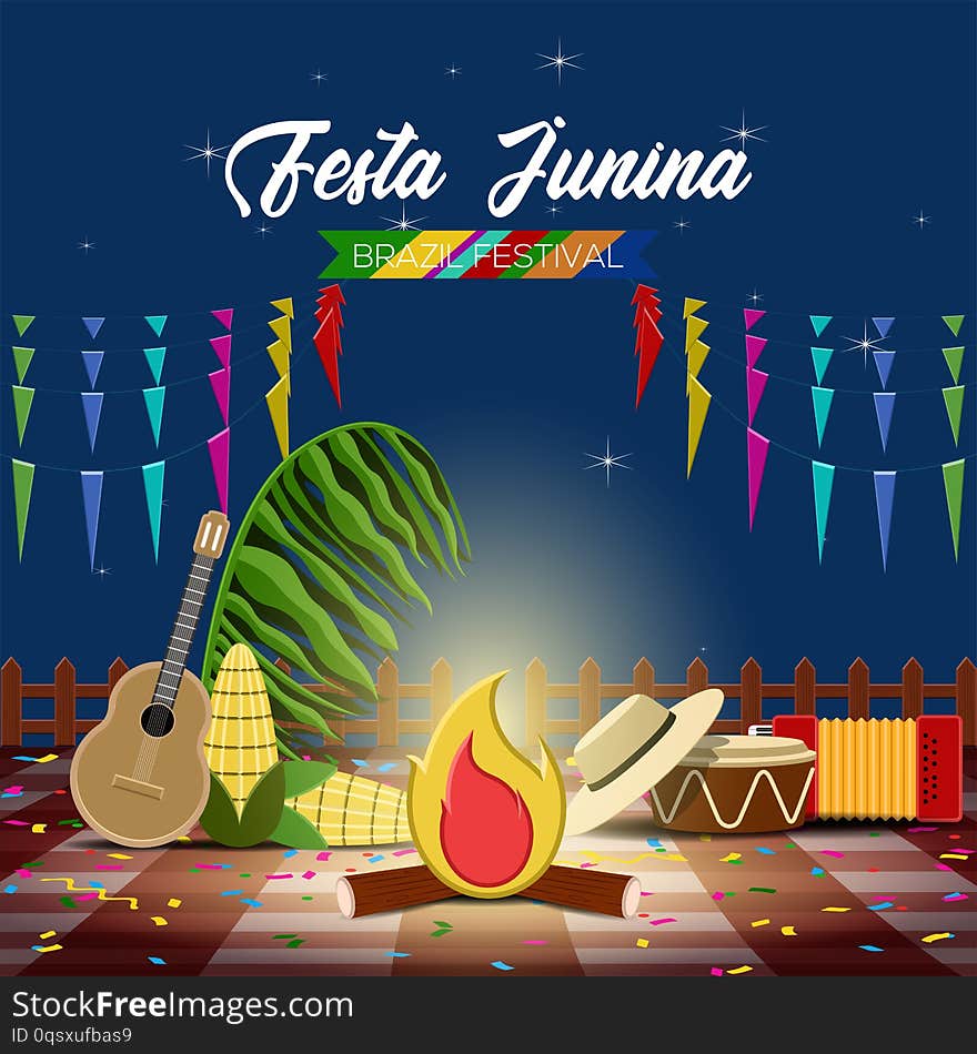 Festa junina poster with a bonfire, musicla instruments and corn. Brazilian festival - Vector. Festa junina poster with a bonfire, musicla instruments and corn. Brazilian festival - Vector