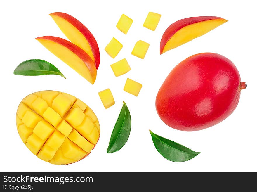 Mango fruit half with slices isolated on white background. Set or collection. Top view. Flat lay