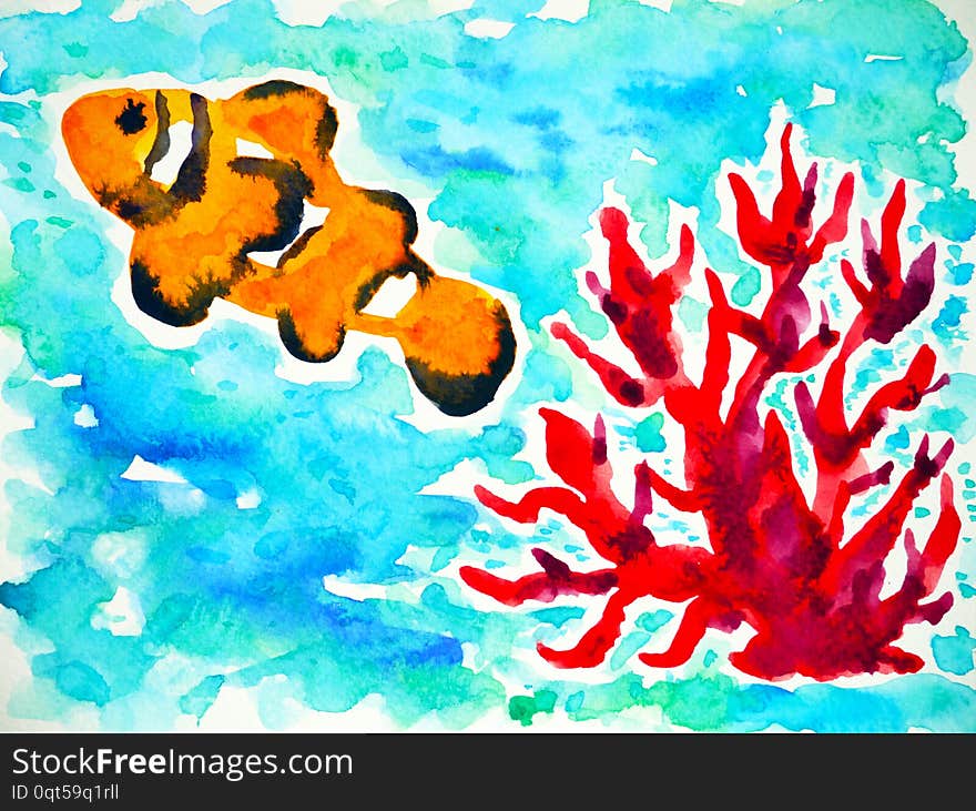 Orange clownfish swimming in sea ocean watercolor painting illustration art design hand drawing