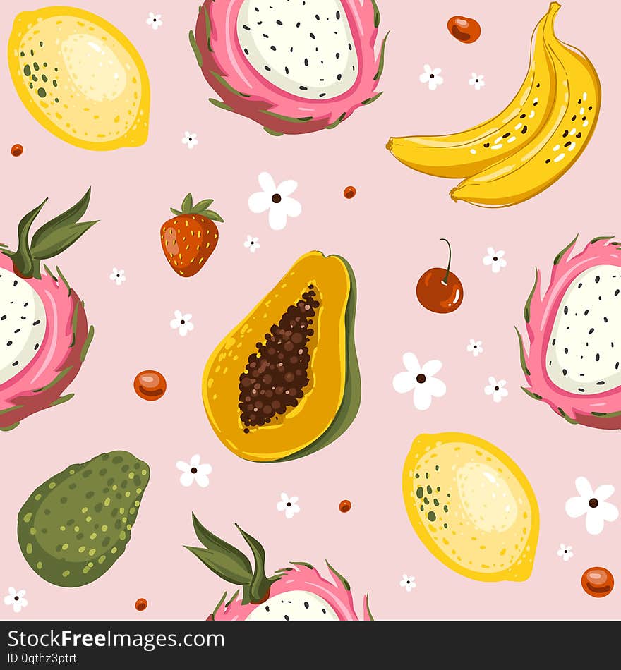Hand drawn vector cartoon summer fruits. Seamless pattern background with papaya, banana, mango, lime, avocado, strawberry, cherry. Vector EPS10.