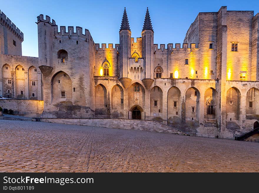 Avignon. Provence. The Central Facade Of The Papal Palace At Dawn.