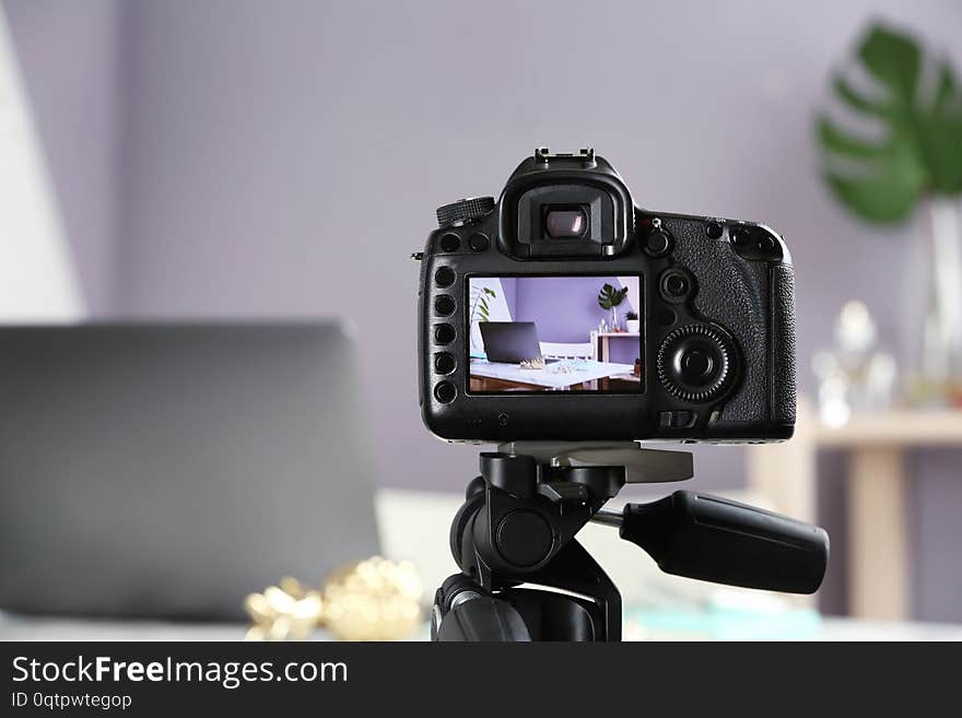 Photo of blogger`s workplace on camera screen