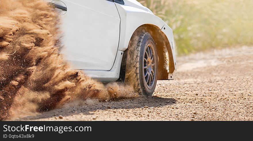 Close up rally racing car on dirt track