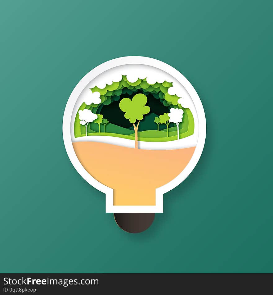 Green forest nature landscape in light bulb paper art style.Ecology and environment conservation concept vector illustration