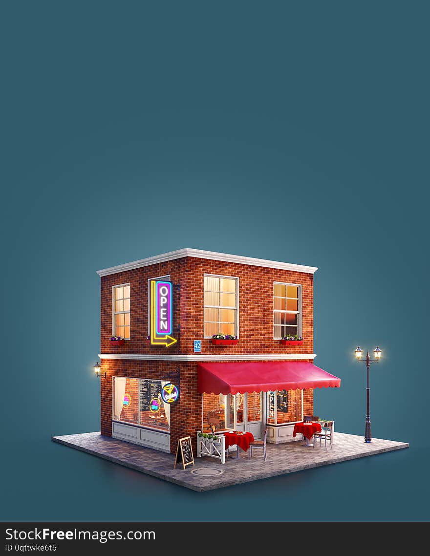 Unusual 3d illustration of a night club, cafe, pub or bar building with red awning, neon signs and outdoor tables. Unusual 3d illustration of a night club, cafe, pub or bar building with red awning, neon signs and outdoor tables