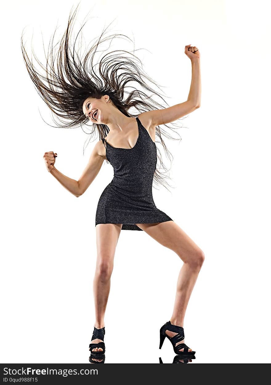 One young beautiful long hair caucasian woman disco happy dancer dancing studio shot isolated on white background. One young beautiful long hair caucasian woman disco happy dancer dancing studio shot isolated on white background