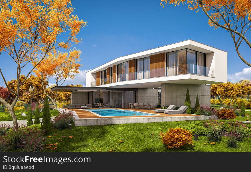 3d rendering of modern cozy house on the hill with garage and pool for sale or rent with beautiful landscaping on background. Clear sunny autumn day with golden leafs anywhere. 3d rendering of modern cozy house on the hill with garage and pool for sale or rent with beautiful landscaping on background. Clear sunny autumn day with golden leafs anywhere