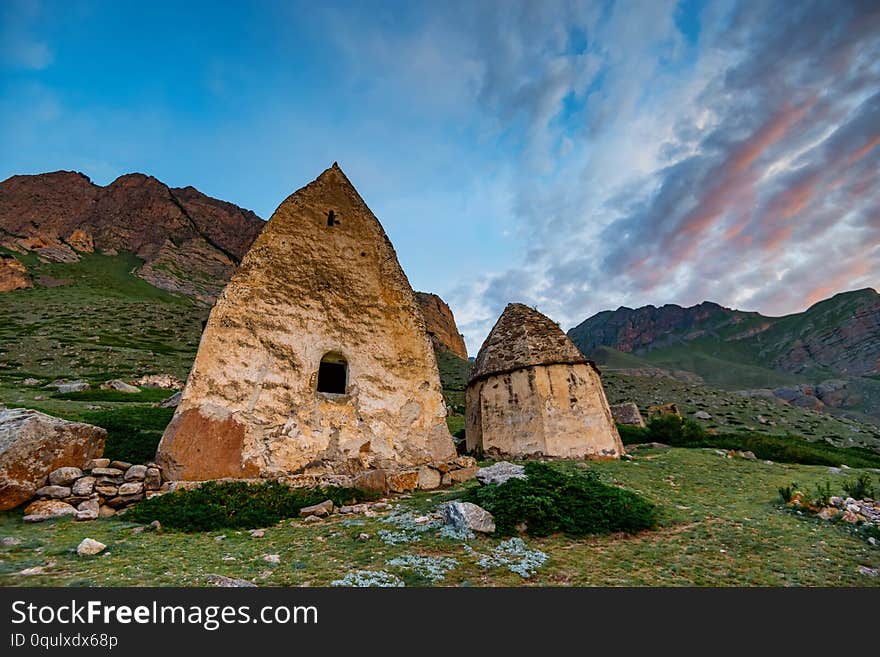 Tombs at medieval cemetery of ancient Alans near the village of Eltyulbyu. Northern Caucasus, Russia. Tombs at medieval cemetery of ancient Alans near the village of Eltyulbyu. Northern Caucasus, Russia.