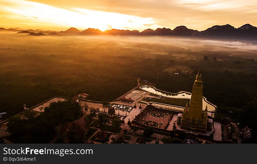 Aerial Photo  Of Beautiful Temples In The Morning Atmosphere , Thailand