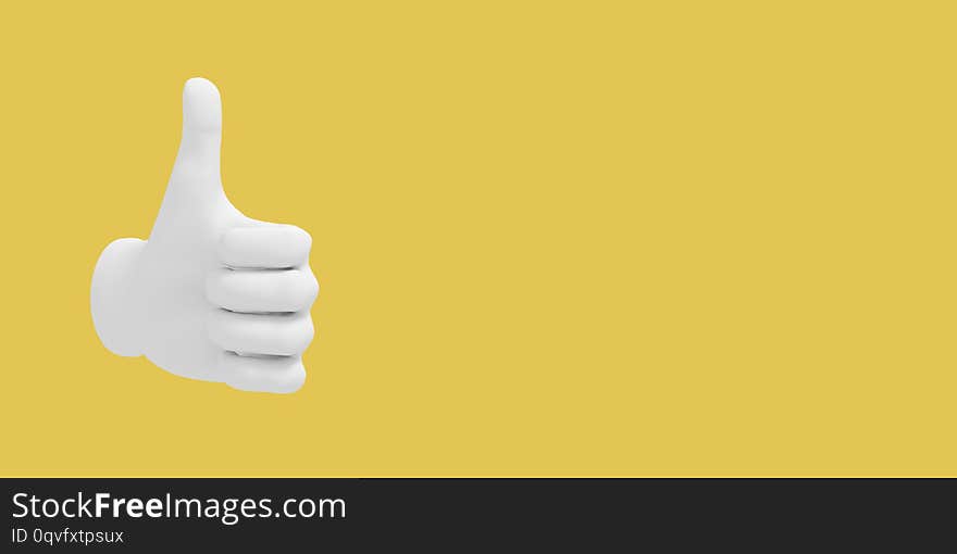 Cartoon hand thumb up. Illustration on yellow color background. 3D-rendering