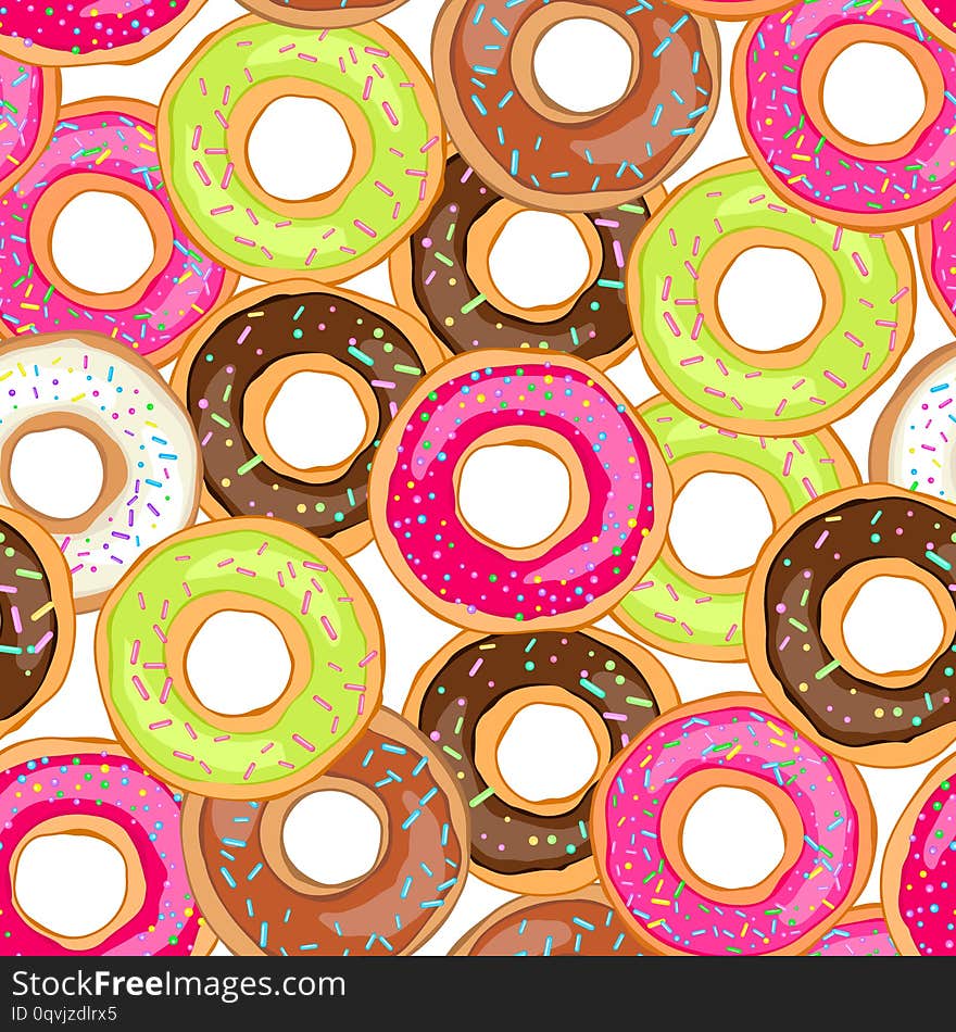 Seamless pattern Donut with icing sprinkled with grains. Realistic colorful donut. Design for holiday designs, party, birthday, invitation. Vector. Seamless pattern Donut with icing sprinkled with grains. Realistic colorful donut. Design for holiday designs, party, birthday, invitation. Vector