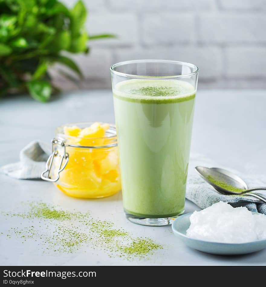 Ketogenic bulletproof matcha latte tea, coconut oil and ghee butter