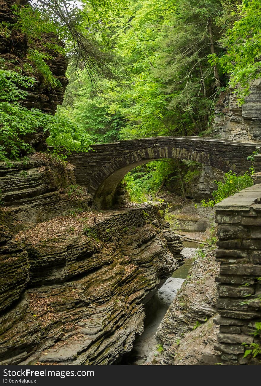 The Stone Bridge leads hikers toward Lucifer Falls at Robert H Treman State Park. The Stone Bridge leads hikers toward Lucifer Falls at Robert H Treman State Park.