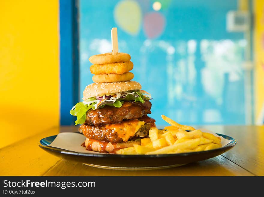 Fresh tasty hamburger with vegetable and French fries