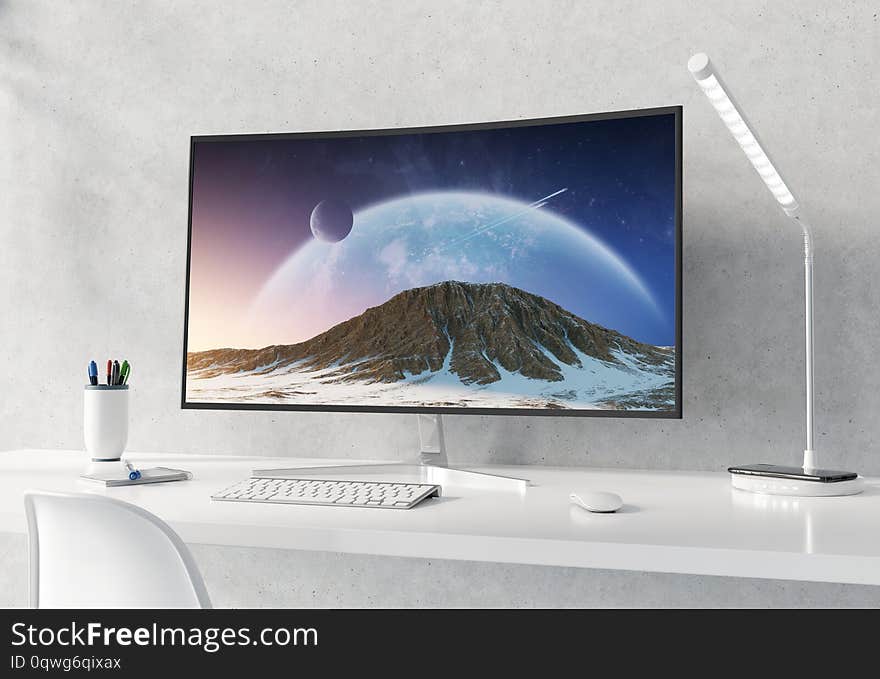 Curved monitor on white desktop and concrete interior with keyboard mockup 3D rendering. Curved monitor on white desktop and concrete interior with keyboard mockup 3D rendering