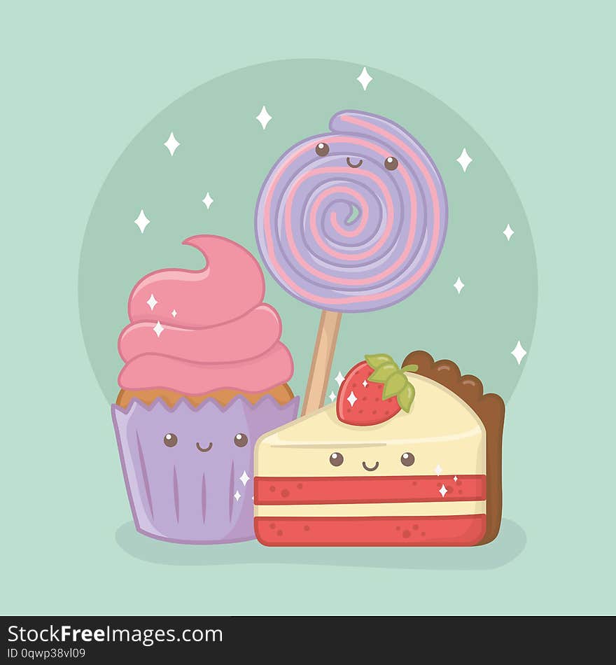 Delicious and sweet cupcake and products kawaii characters vector illustration