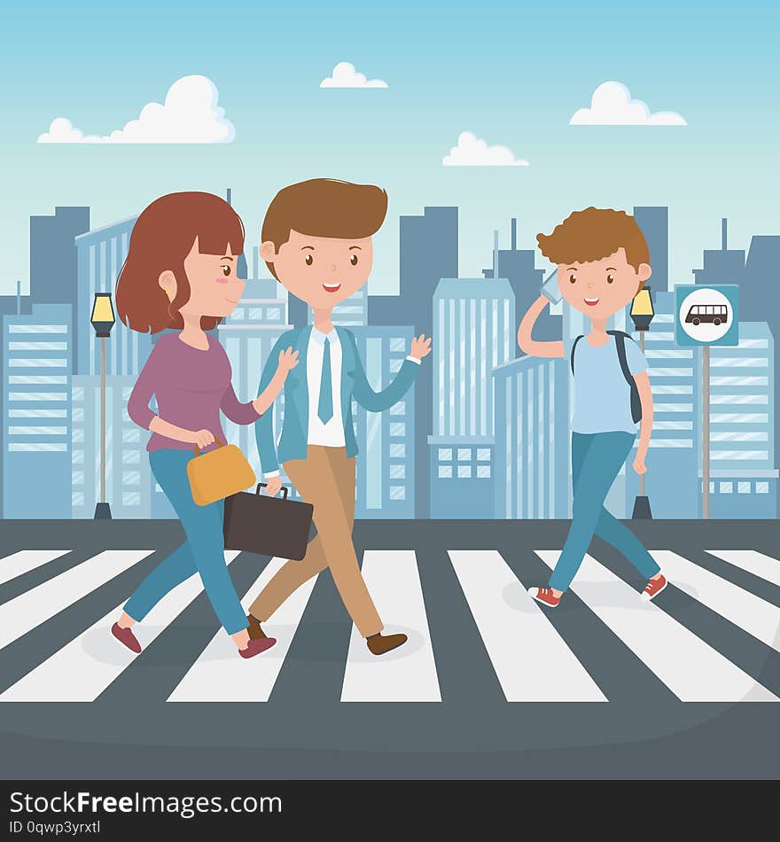 Young people walking in the street characters vector illustration design