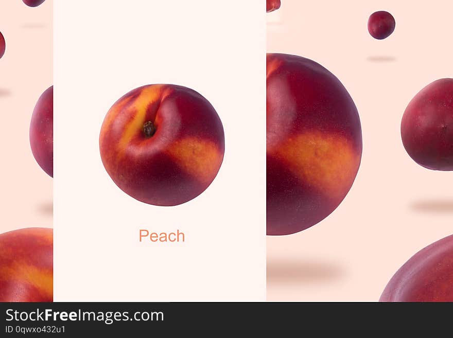 Creative layout made of levitating nectarine or peach over pink background. Creative layout made of levitating nectarine or peach over pink background