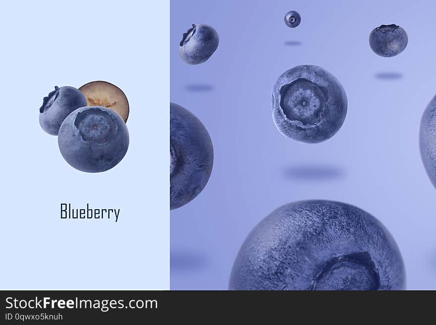 Creative layout made of blueberries levitating over purple background, food background with summer berries. Creative minimalism. Creative layout made of blueberries levitating over purple background, food background with summer berries. Creative minimalism