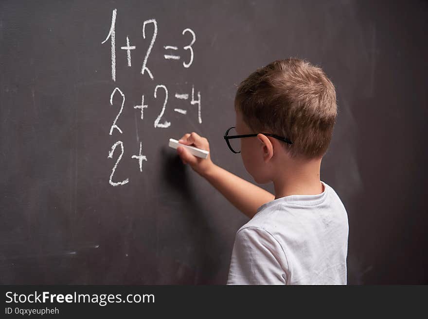 Rear view of a schoolboy solves a mathematical example on a blackboard in a math class