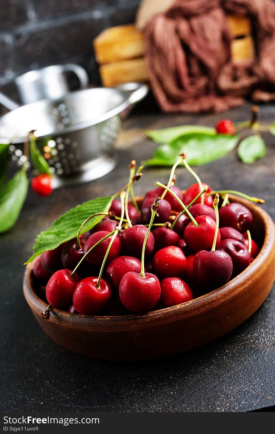 Fresh cherry in bowl. Sweet cherries bowl