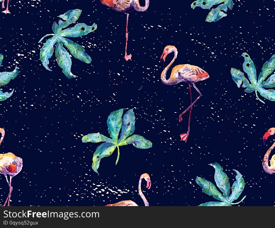 Large hipster flamingo blue hawaiian seamless pattern. Spring saturated watercolor t-shirt print. Minimalistic geometric swimwear background with wild fowls. Horizontal tile with flamingos. Large hipster flamingo blue hawaiian seamless pattern. Spring saturated watercolor t-shirt print. Minimalistic geometric swimwear background with wild fowls. Horizontal tile with flamingos.