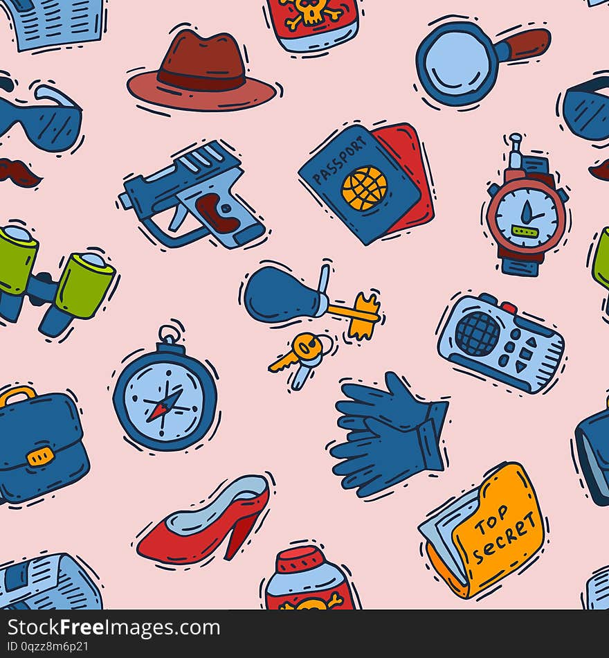 Spy icons cartoon detective set mafia agent binoculars or spyglass for spying or secret investigation illustration seamless pattern background.