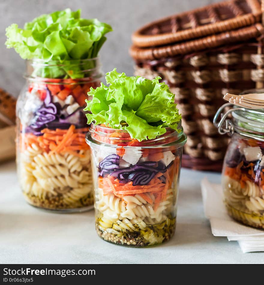 Pasta and Vegetable Salad in a Jar, square. Pasta and Vegetable Salad in a Jar, square