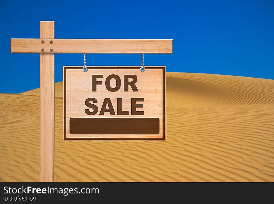 Sale sign in the desert, blue sky, copy space.