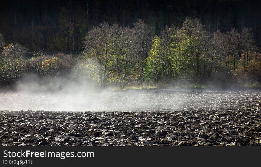 Morning mist lifting from plowed field 4