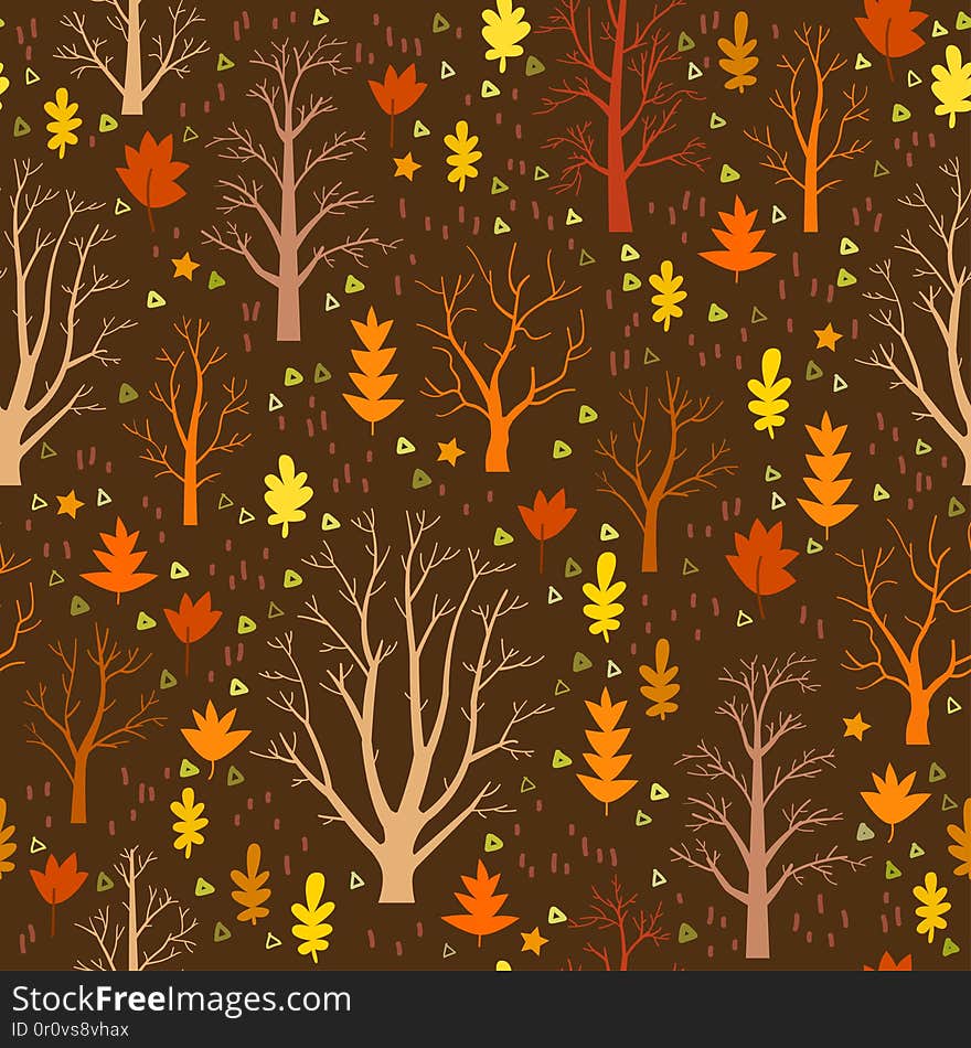 Autumn forest tree pattern. Woodland cartoon seamless landscape.Vector decorative background. Different trees in flat style. Autumn forest tree pattern. Woodland cartoon seamless landscape.Vector decorative background. Different trees in flat style